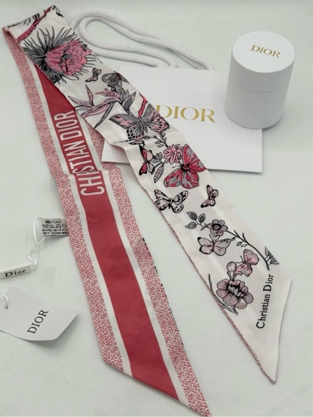 Full Inclusion Dior Butterfly & Floral Silk Scarf W Dior Box/Bag- Pink & White